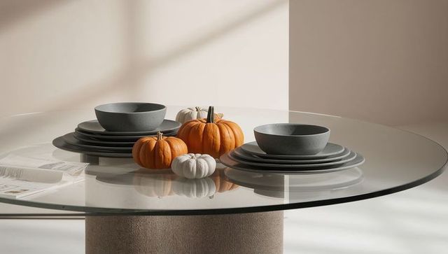 Minimalist autumn tabletop with matte gray dinnerware and pumpkins on glass table