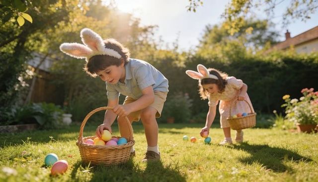 Golden hour easter egg hunt with children wearing bunny ears in backyard