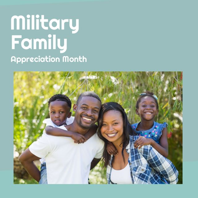 Image of military family appreciation month over happy african american family posing at camera. Military, army, family and american patriotism concept.