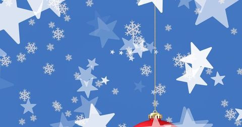 Festive Red Christmas Bauble with Snowflakes and Stars on Blue Background