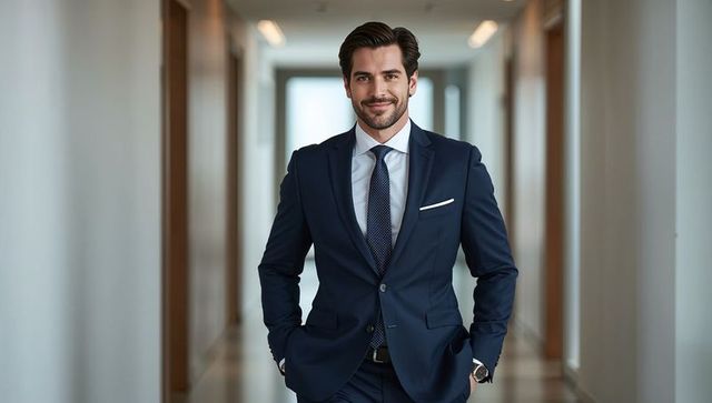 Confident corporate executive in navy suit in modern office corridor showing wristwatch