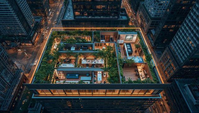 Modular rooftop garden complex glowing above city with terraces, planters, led lighting