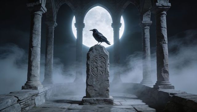 Raven perching on ancient tombstone under full moon at gothic ruins with mist