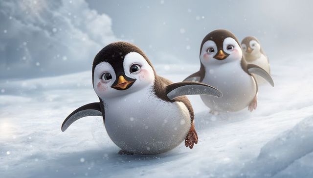 Playful penguin chicks sliding across snowy antarctic plain, joyful winter wildlife scene