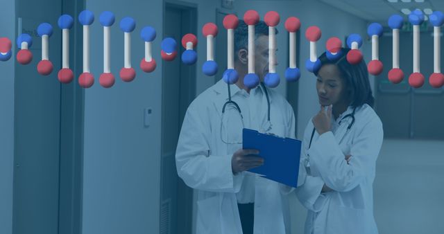 Doctors Analyzing Medical Report in Hospital Hallway with DNA Helix Overlay - Download Free Stock Images Pikwizard.com