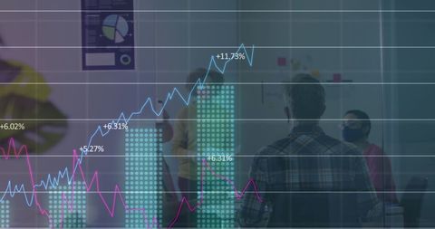 Business team analyzing growth with digital data overlay