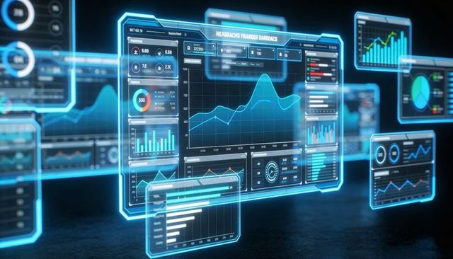 Futuristic holographic data dashboard displaying dynamic analytics and ai visualizations
