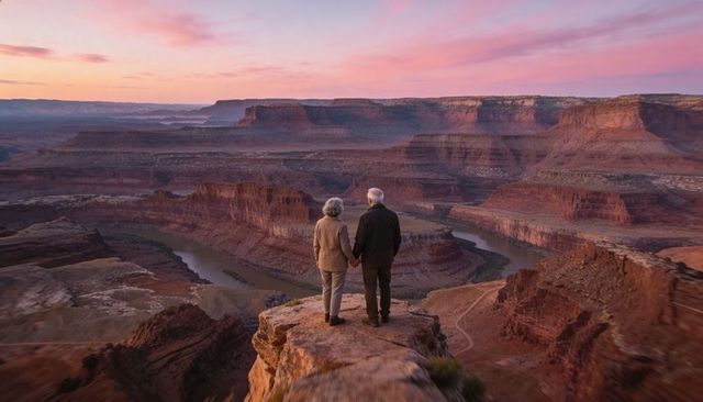 Senior couple holding hands overlooking winding river canyon at pink sunset mesa overlook