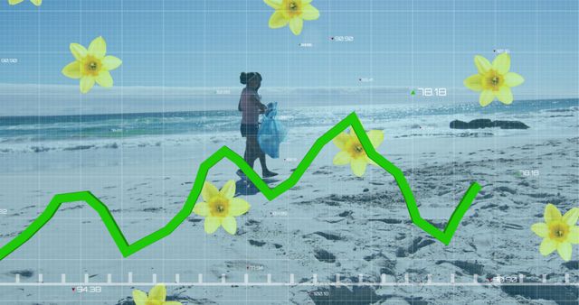 Person collecting trash on sandy beach with infographics superimposed, highlighting environmental data and ecological impact. Overlay of daffodils symbolizes nature and renewal. Ideal for stories or articles on environmental conservation, sustainability campaigns, ecological data analysis, and community service announcements.