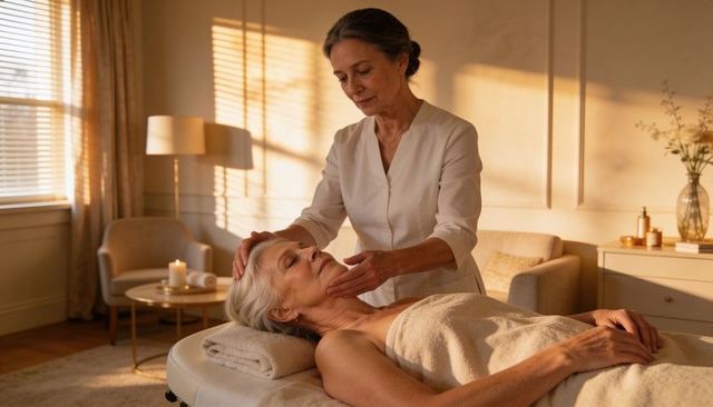 Senior therapist massaging mature woman on spa table in warm sunlight, candlelit luxury