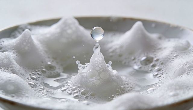 Suspended droplet over foam peak in ceramic bowl macro detail for texture background