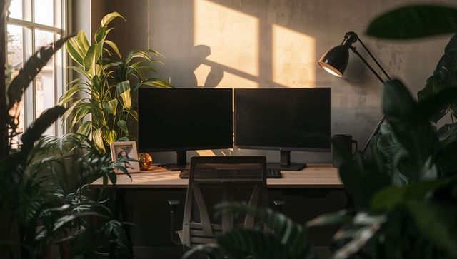 Modern home workspace with dual monitors and greenery