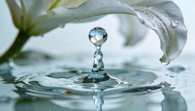 Hovering water droplet balancing on splash column with white lily petal and ripples