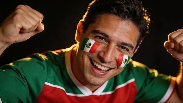 Cheering mexican soccer fan raising fists with facepaint and green red jersey closeup