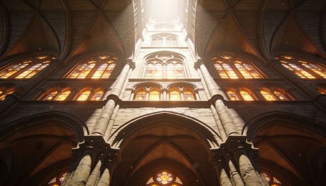 Sunlit gothic cathedral nave with stained glass clerestory and soaring vaulted arches