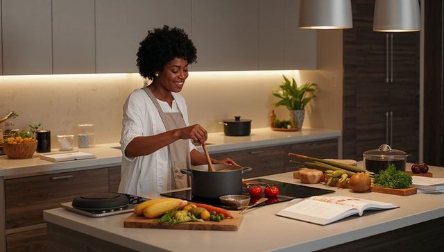 Smiling woman stirring pot on induction cooktop in modern kitchen with fresh vegetables