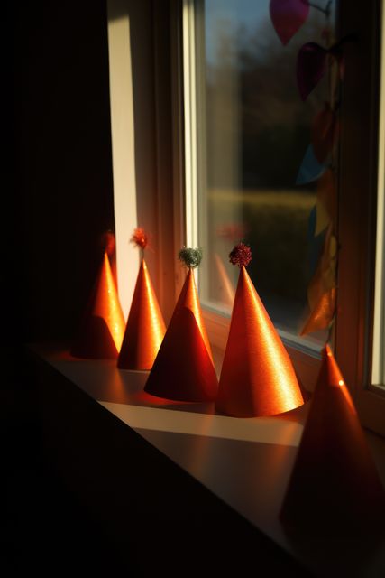 Colorful party hats placed in a row on window sill basking in warm sunset light creating a cozy and festive atmosphere. Ideal for use in articles and advertisements related to celebration, party planning, holiday decor, or festive events. This imagery conveys a warm, inviting feel suitable for promoting themes of joy, celebration, and gatherings.