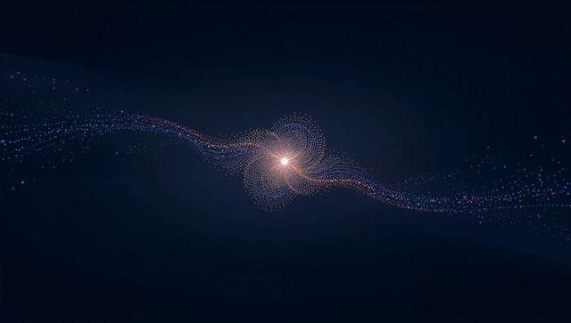 Radiating star core emitting spiral particle streams across deep navy space with neon glow