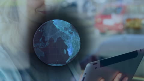 Caucasian Businesswoman with Digital Globe and Tablet