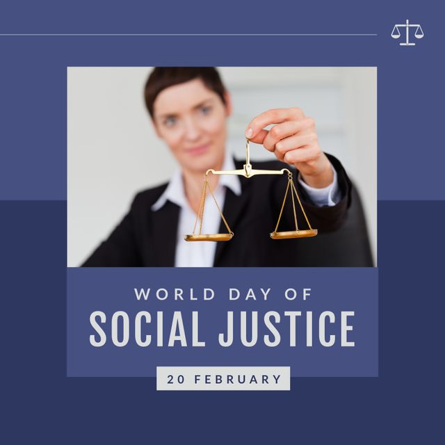 Caucasian female lawyer holding scales promoting World Day of Social Justice on 20th February. Suitable for articles, social media posts, awareness campaigns and informational websites about justice, equality and law.