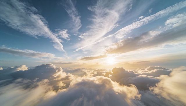 Sunrise Above Golden Cloudscape with Dramatic Cirrus Streaks and Radiant Sunlight