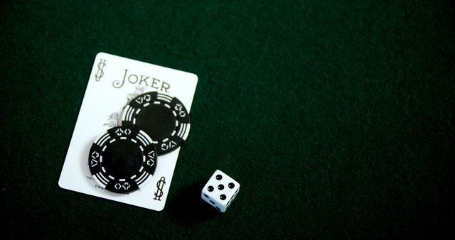 Playing card, dices and casino chips on poker table in casino 