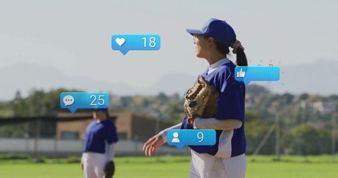 Female baseball player on field with social media reaction icons