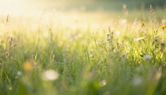 Sunlit meadow glowing with wildflowers and soft bokeh at golden hour