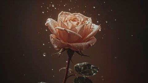 Peach Rose Bloom with Water Droplets in Artistic Light