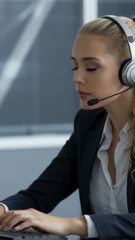 Customer Service Agent Taking Call and Typing at Desk Wearing Headset Vertical Video