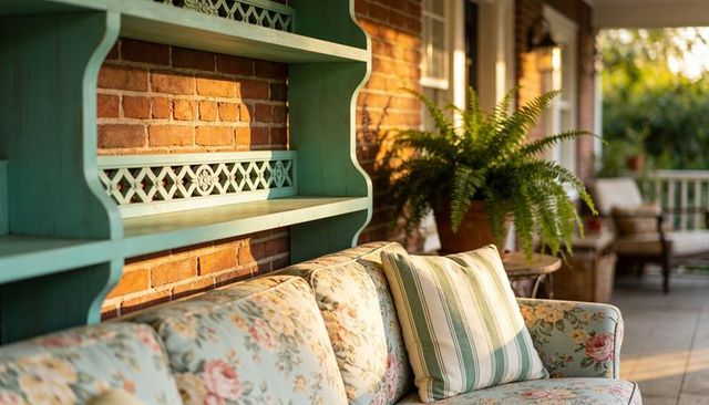 Basking floral sofa with striped green-and-white pillow on sunlit porch with mint shelf