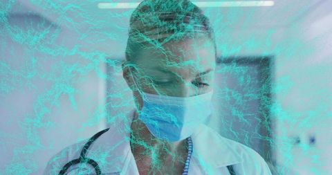 Female Doctor Wearing Surgical Mask and Stethoscope with Teal Digital Overlay