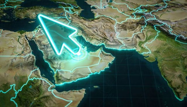 Neon cursor targeting eastern Arabian Peninsula on glowing 3D map with borders and terrain