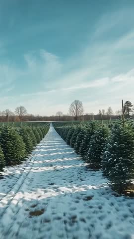 Vertical Tracking Down Snowy Christmas Tree Farm Rows with Tire Tracks and Symmetry