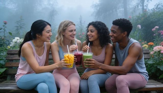 Diverse friends toasting colorful smoothies on foggy garden bench in pastel activewear