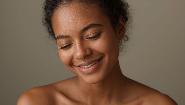 Serene natural beauty smiling with eyes closed tilting head soft beige studio portrait