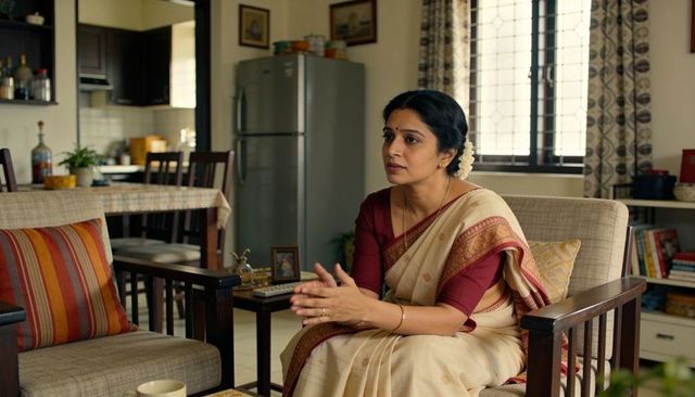 Indian woman wearing cream saree and maroon blouse sitting in cozy living room, thoughtful