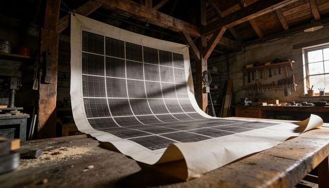 Draping oversized gridded blueprint across rustic woodshop workbench showing sawdust and hand tools