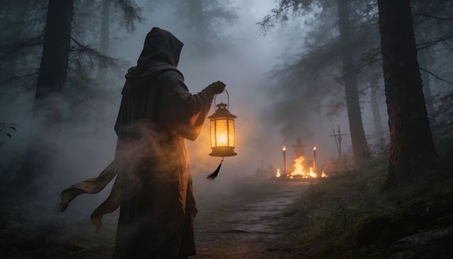 Hooded figure carrying lantern along foggy forest path toward ritual bonfire at night