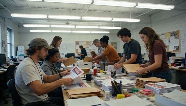 Team assembling mailers in busy office for community outreach and fundraising campaign