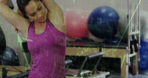 Woman in Gym Stretching with Fitness and Market Analytics Overlay