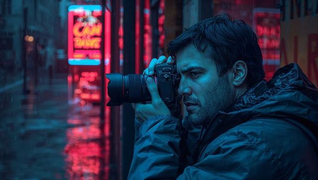 Photographer shooting neon reflections in rainy urban alley with dslr at night