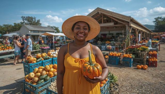 Smiling woman with pumpkin at vibrant countryside market