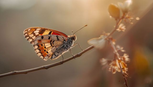 Perching patterned butterfly revealing orange wing scales on sunlit twig at golden hour