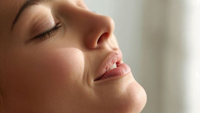 Serene closeup resting woman in soft window light showing long eyelashes and smooth skin