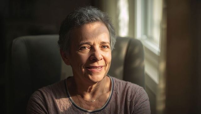 Smiling senior woman turning toward window in armchair, warm daylight portrait at home