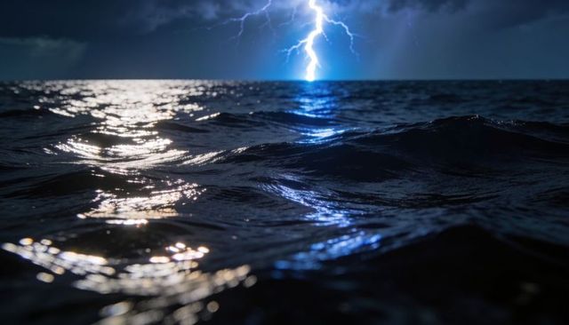 Lightning bolt striking ocean horizon at night reflecting on rolling dark waves and storm clouds