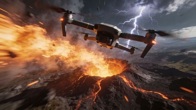 Quadcopter navigating volcanic eruption over glowing lava crater with lightning