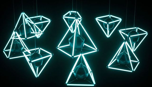 Hanging cyan tetrahedral light sculptures glowing in dark gallery geometric neon tubes