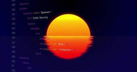 Sunrise Graphic with HTML Code Overlay and Cybersecurity Theme